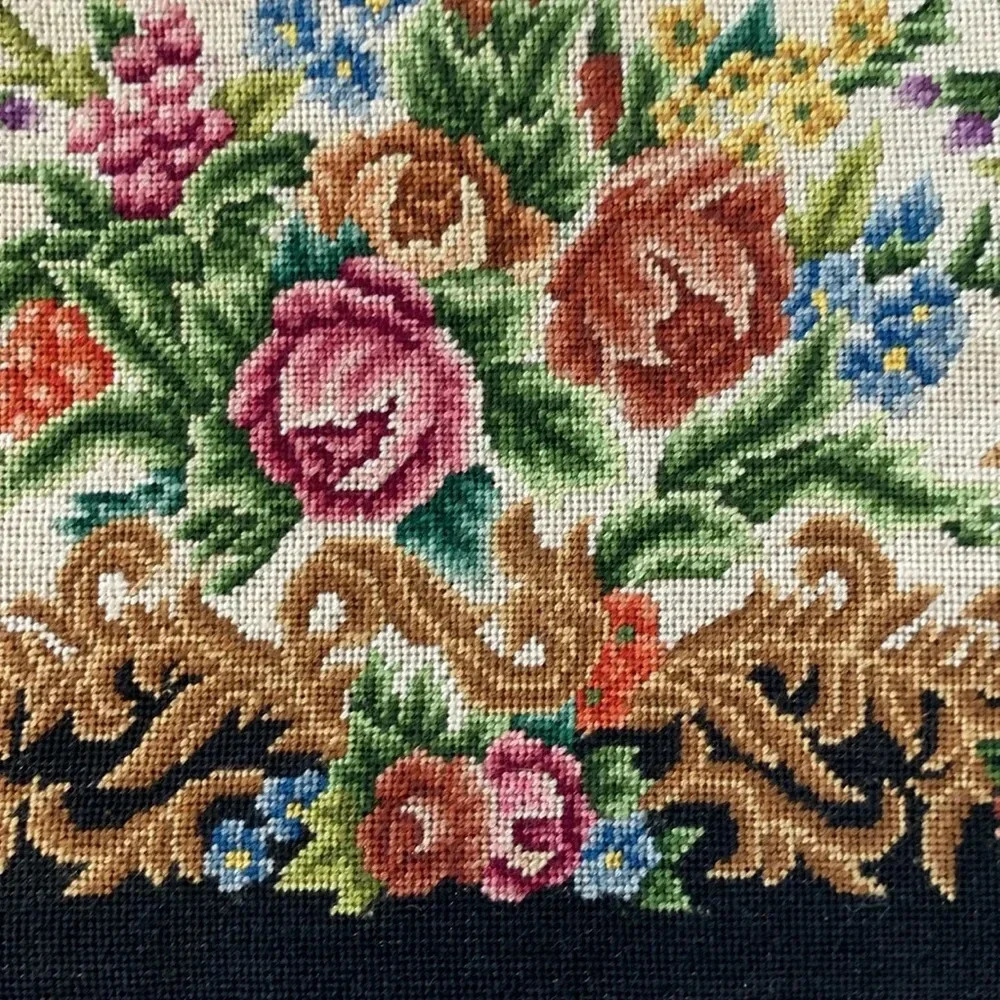 Vintage Floral Petit Point Rose Quartz Gold Filigree Embroidered Black Handbag - Picture 14 of 16